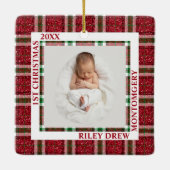Baby's First Christmas Photo Plaid Keramisch Ornament (Achterkant)