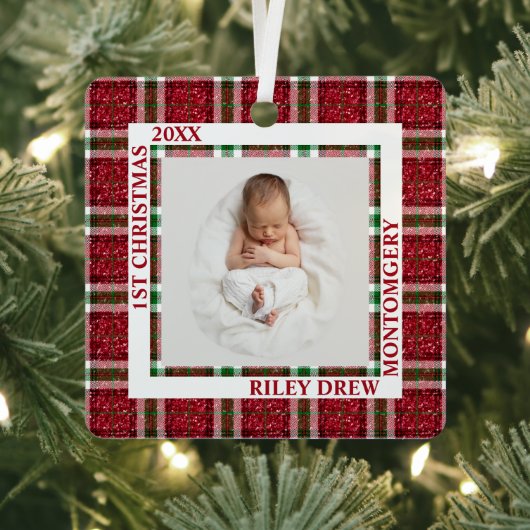 Baby's First Christmas Photo Plaid Metalen Ornament (Insitu)