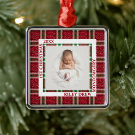 Baby's First Christmas Photo Plaid Metalen Ornament