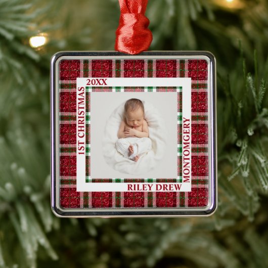 Baby's First Christmas Photo Plaid Metalen Ornament (Boom)
