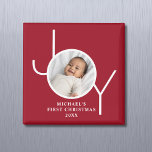 Baby's First Christmas Photo Red Magneet<br><div class="desc">This stylish Baby's First Christmas Photo Magnet features the word "JOY" on a red maroon background.
Easily customizable with your photo,  name,  and year. It makes a special keepsake for family and friends.</div>