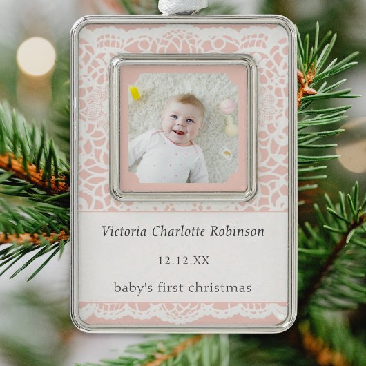 Baby's First Christmas Pink White Lace Photo Verzilverd Omlijst Ornament