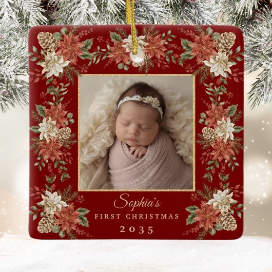 Baby's First Christmas Poinsettia Photo Keramisch Ornament