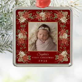 Baby's First Christmas Poinsettia Photo Metalen Ornament