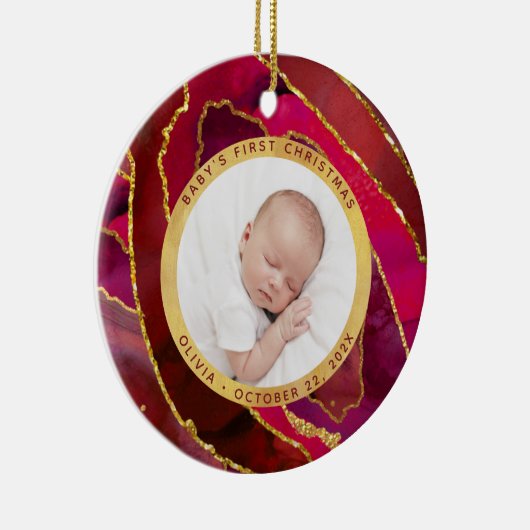 Baby's First Christmas | Red and Gold Geode Photo Keramisch Ornament (Rechts)