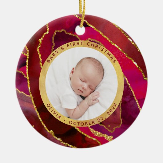 Baby's First Christmas | Red and Gold Geode Photo Keramisch Ornament (Voorkant)