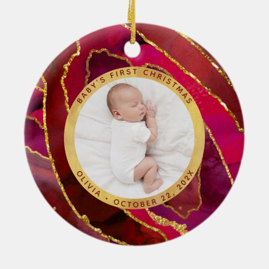 Baby's First Christmas | Red and Gold Geode Photo Keramisch Ornament (Achterkant)