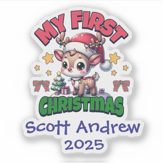 Baby's First Christmas Santa Deer Personalized Sticker (Voorkant)
