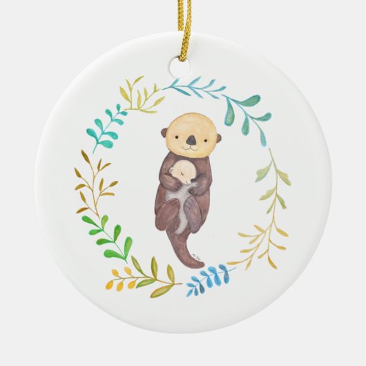 Baby's First Christmas Sea Otter Mom Baby Custom Keramisch Ornament (Voorkant)