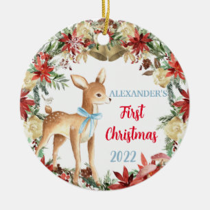 Babys First Kerstannament Boy Deer Keramisch Ornament