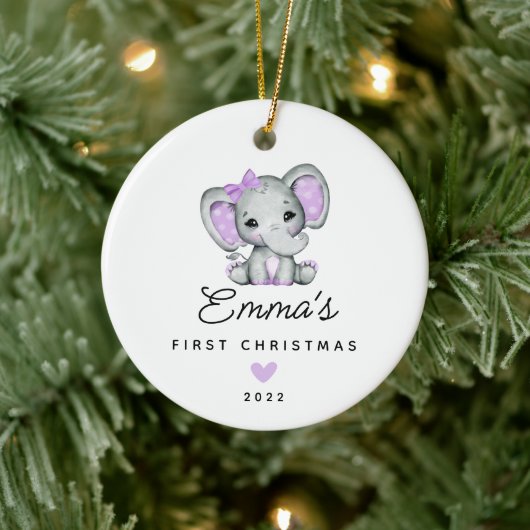 Baby's First Kerstbaby Baby Girl Elephant Keramisch Ornament (Boom)