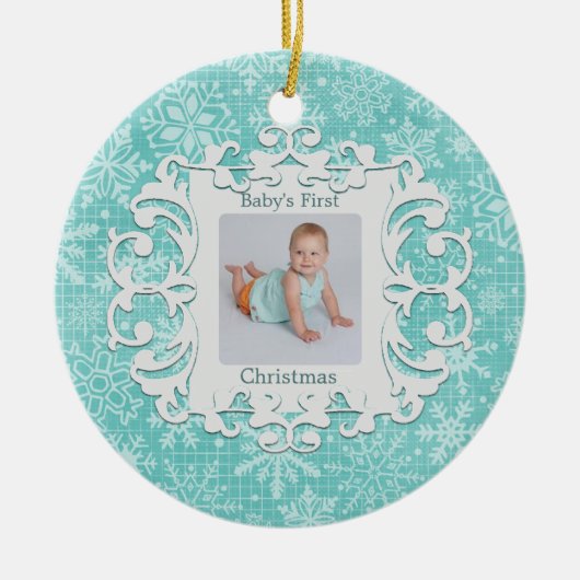 Babys First Kerstfeest Custom Holiday Foto Keramisch Ornament (Voorkant)