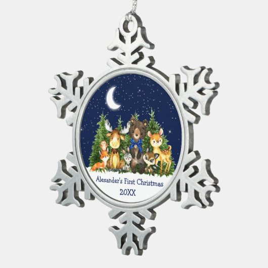 Baby's First KerstForest Animals Blue Bow Tin Sneeuwvlok Ornament (Rechts)