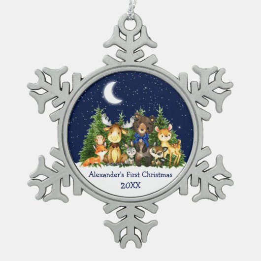 Baby's First KerstForest Animals Blue Bow Tin Sneeuwvlok Ornament (Voorkant)