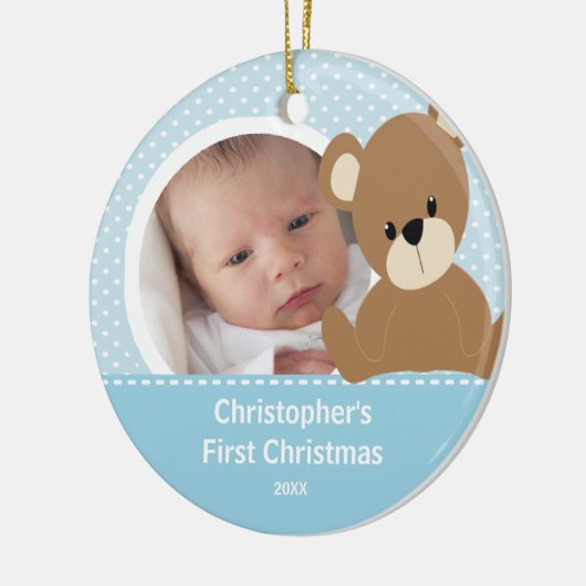 Babys First kerstfoto Beer Ornament Boy (Links)