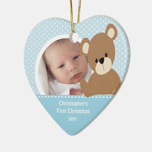 Babys First kerstfoto Beer Ornament Boy (Links)