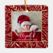 Babys First kerstfoto Gold Foliage Red Keramisch Ornament (Voorkant)