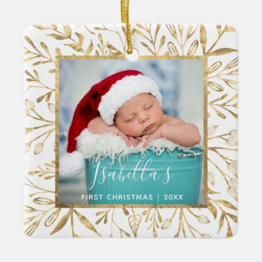 Babys First kerstfoto Gold Foliage White Keramisch Ornament (Voorkant)