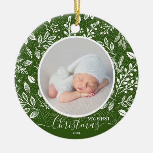 Baby's First Kerstfoto Green Keramisch Ornament (Voorkant)