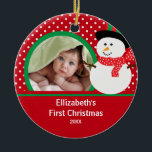 Babys First Kerstfoto Ornament Snowman<br><div class="desc">Kute Photo-kerstversiering met een schattig meisje Snowman op een roze en witte poka-stip-achtergrond,  voeg gewoon UW FOTO toe!  Ideaal voor eerste kerstmis en tweede kerstmis.  Een Wonderd kerstcadeau zal zeker nog vele jaren worden gekoesterd.</div>