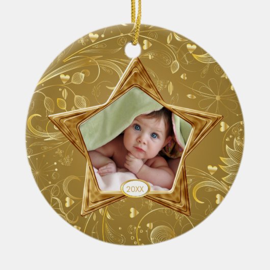 Baby's First kerstfoto-ornament Star Gold Keramisch Ornament (Voorkant)