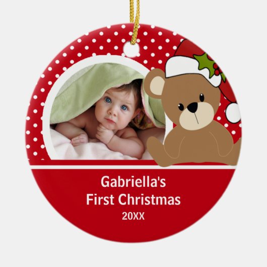 Babys First-kerstfoto van Teddy Bear Keramisch Ornament (Voorkant)