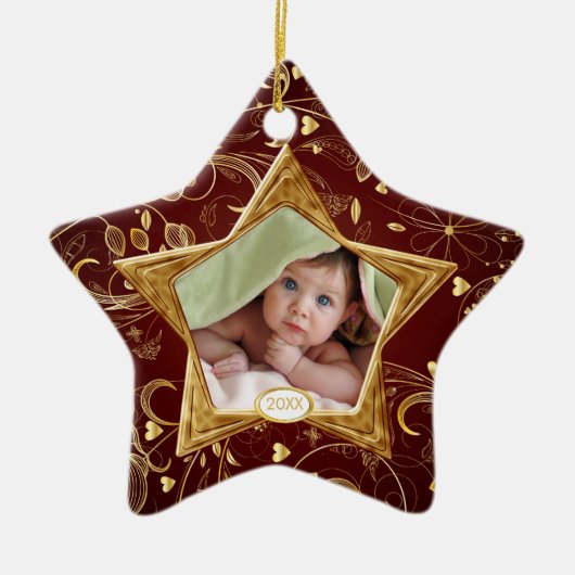 Baby's First Kerstfotoornament Star Gold Keramisch Ornament (Voorkant)