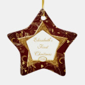 Baby's First Kerstfotoornament Star Gold Keramisch Ornament (Achterkant)