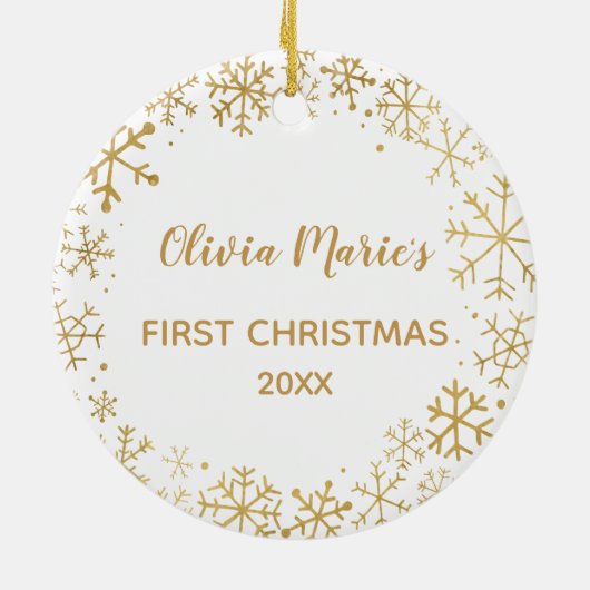 Babys First KerstGold Snowflakes Aangepast Keramisch Ornament (Achterkant)
