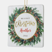 Baby's First Kerstman Holly Berries Wreatfoto Keramisch Ornament (Links)