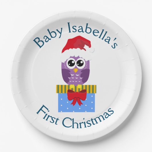 Baby's First Kerstman Paarse Owl Papieren Bordje (Voorkant)