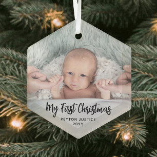 Baby's First Kerstman Simple 1 Photo Black Script Glas Ornament