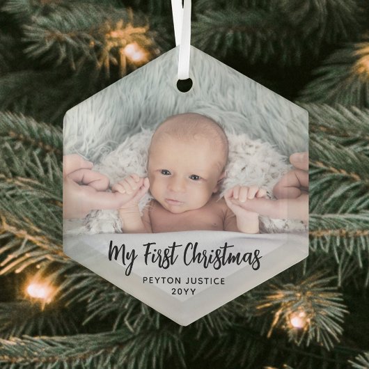 Baby's First Kerstman Simple 1 Photo Black Script Glas Ornament