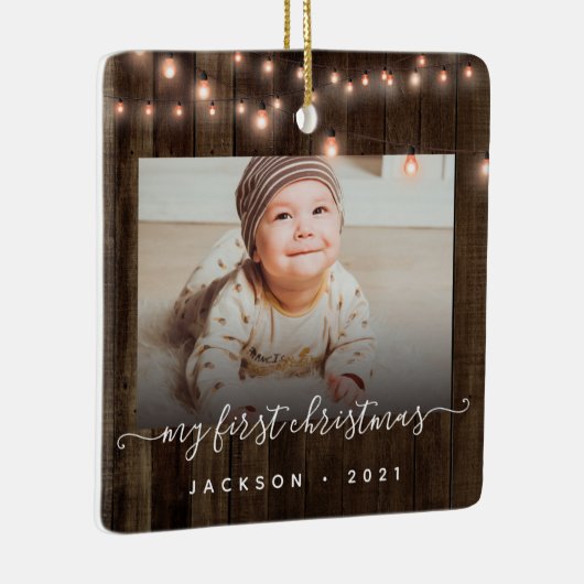 Baby's First Kerstmis 2 Foto Hout and Lights Keramisch Ornament (Rechts)