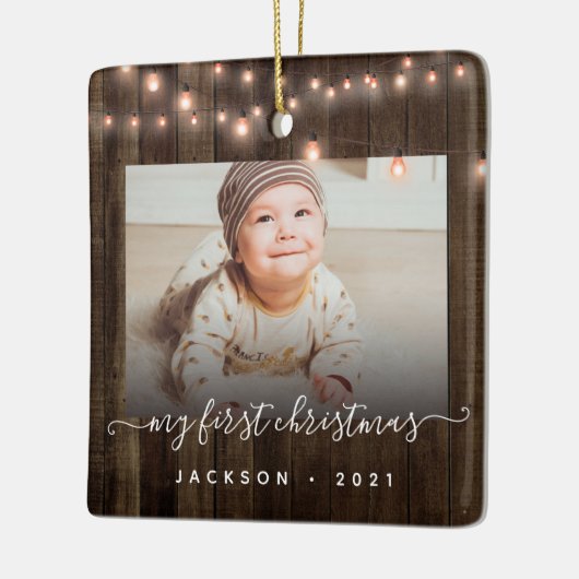 Baby's First Kerstmis 2 Foto Hout and Lights Keramisch Ornament (Links)
