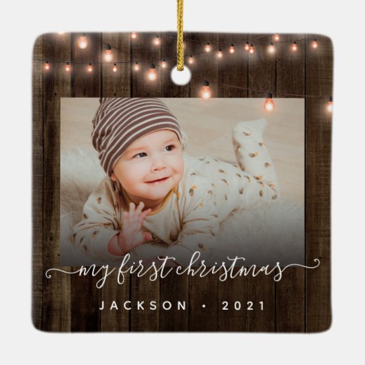 Baby's First Kerstmis 2 Foto Hout and Lights Keramisch Ornament (Achterkant)
