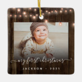 Baby's First Kerstmis 2 Foto Hout and Lights Keramisch Ornament (Voorkant)