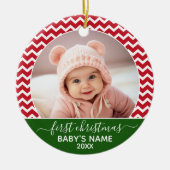 Baby's First Kerstmis Foto rood chevrons groen Keramisch Ornament (Voorkant)