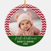 Baby's First Kerstmis Foto rood chevrons groen Keramisch Ornament (Achterkant)