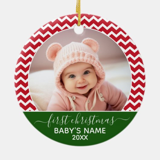 Baby's First Kerstmis Foto rood chevrons groen Keramisch Ornament (Achterkant)