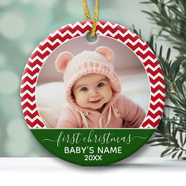 Baby's First Kerstmis Foto rood chevrons groen Keramisch Ornament