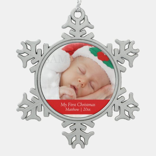 Babys First Kerstmis - Gepersonaliseerd fotosjablo Tin Sneeuwvlok Ornament (Voorkant)