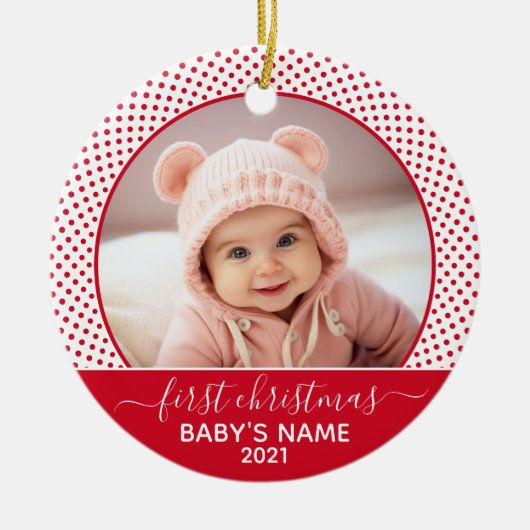 Babys First Kerstmis - rode witte pooldots Keramisch Ornament (Voorkant)