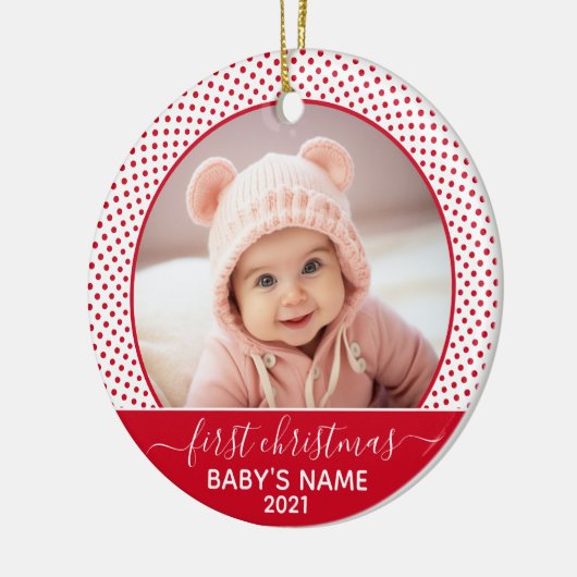 Babys First Kerstmis - rode witte pooldots Keramisch Ornament (Links)