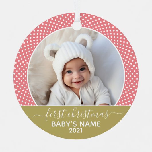 Babys First Kerstmis - Roos Gold Polka Dots Metalen Ornament (Voorkant)