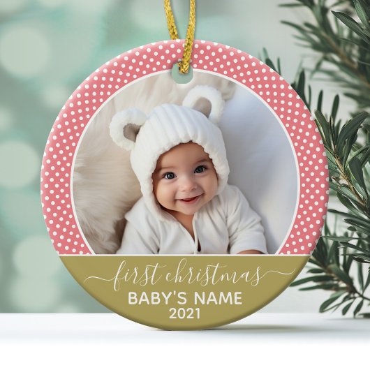 Babys First Kerstmis - Roos Gold Polka Dots Metalen Ornament
