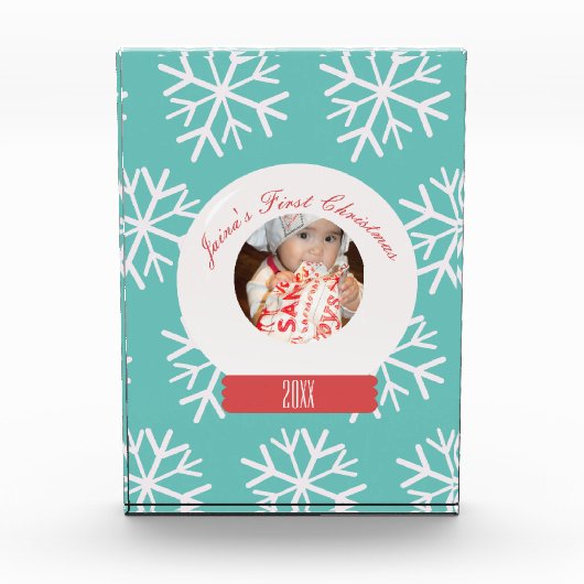 Baby's First Kerstmis Snowglobe Snowflakes Blauwgr Fotoblokken (Voorkant)