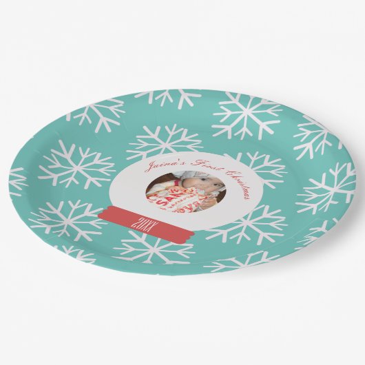 Baby's First Kerstmis Snowglobe Snowflakes Blauwgr Papieren Bordje (Gekanteld)