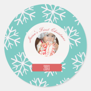 Baby's First Kerstmis Snowglobe Snowflakes Blauwgr Ronde Sticker