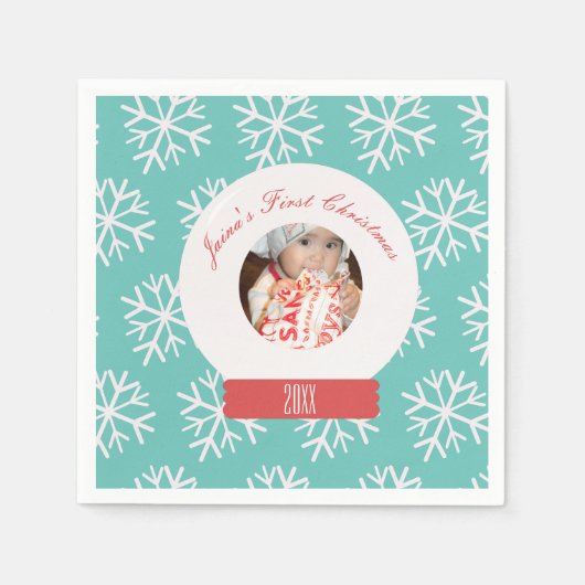 Baby's First Kerstmis Snowglobe Snowflakes Blauwgr Servet (Voorkant)